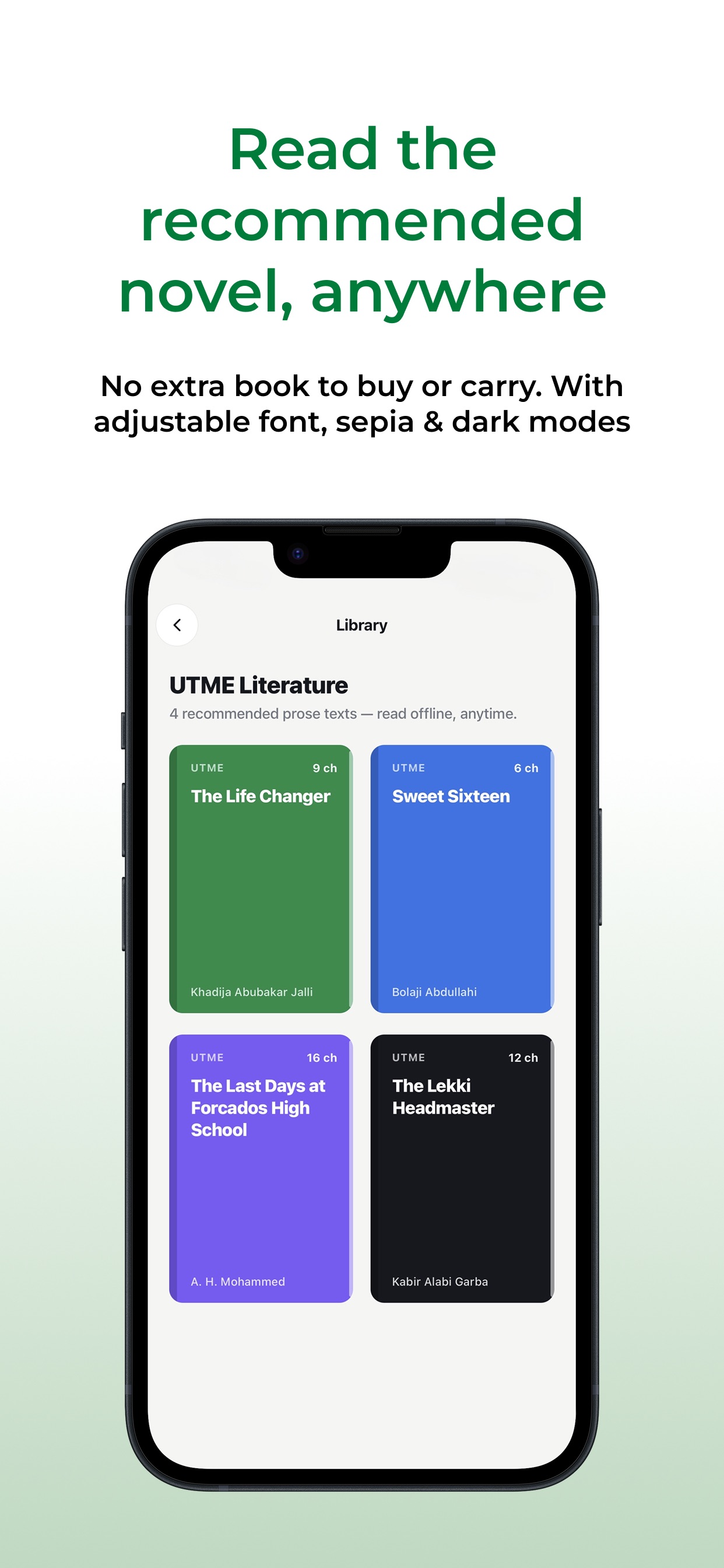 The in-app UTME Literature library showing The Lekki Headmaster and other recommended JAMB novels for offline reading